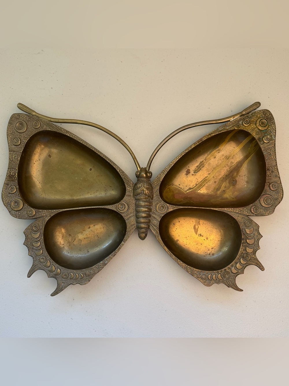 Vintage Brass Butterfly Moth Trinket Dish Tray Large 4 Section Handmade India